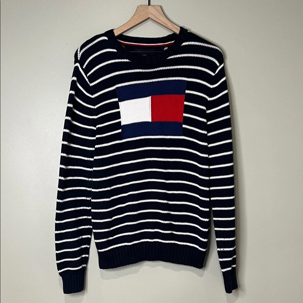 Tommy Hilfiger Logo Intarsia Stripe Sweater Men's Medium Navy and White
